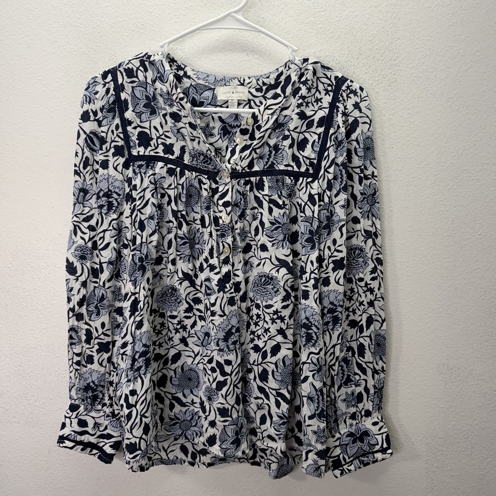 Lucky Brand Floral Top Pleated V-Neck Boho Peasant Flowy Cottagecore SZ M